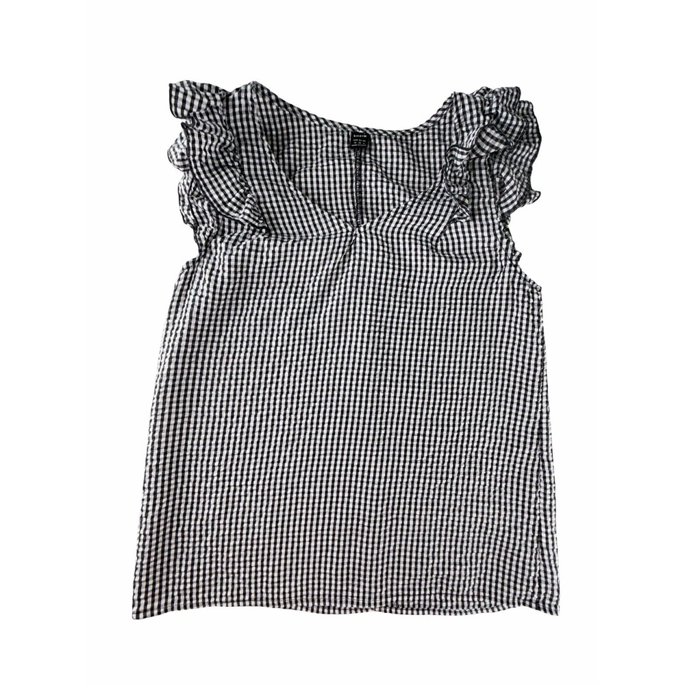 SHEIN Black & White Women's Gingham Ruffle Sleeve Blouse Size M V-Neck Casual